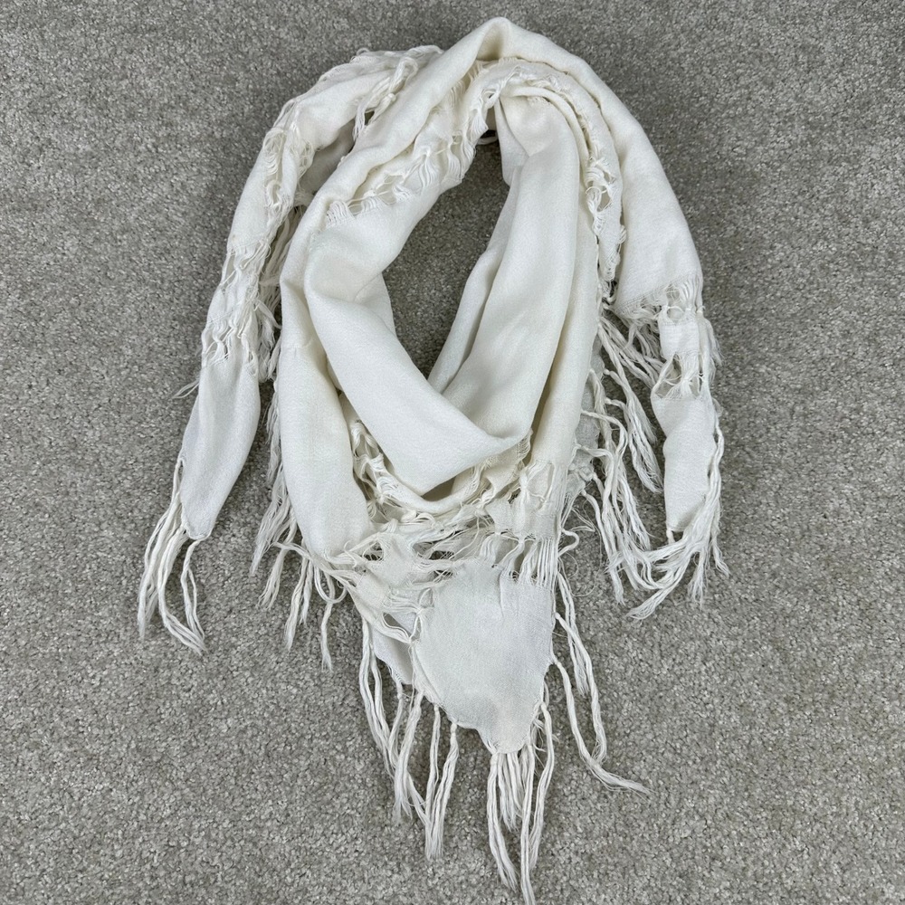 Vintage Ivory Boho Square Scarf Fringe Open Work Crochet Trim Cotton Blend Shawl